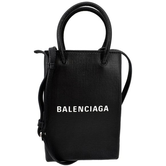 BALENCIAGA  Leather Phone Holder Shopping Tote Crossbody Bag Black - Picture 1 of 11
